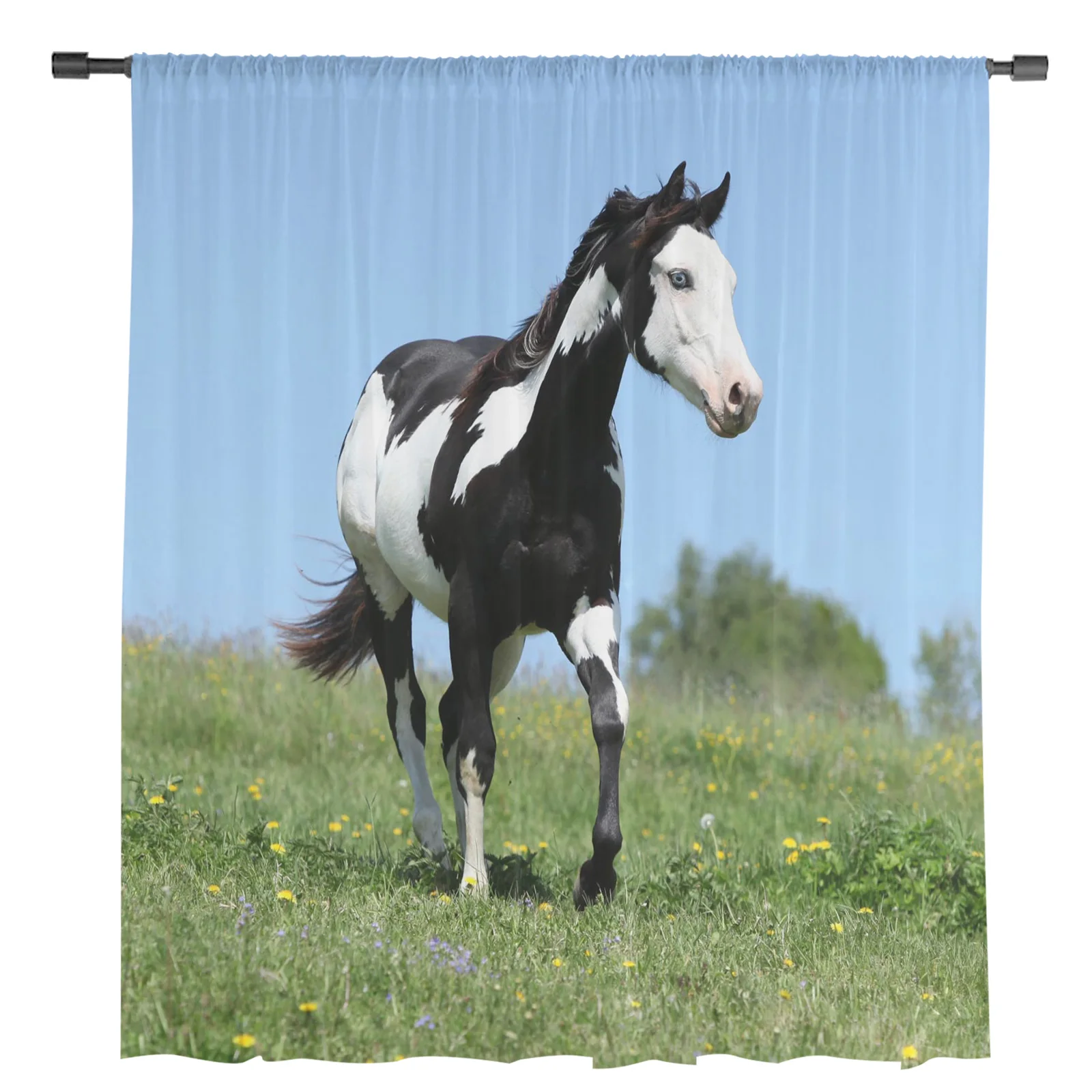 Horse Green Meadow Flower Animal Sheer Curtains for Living Room Bedroom Decoration Chiffon Tulle Voile Kitchen Window Curtain