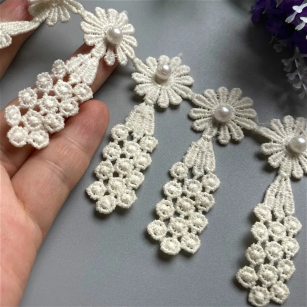 

50x Ivory 7*2cm Daisy Pearl Flowers Tassel Embroidered Lace Trim Ribbon Applique DIY Manual Sewing Supplies Craft Decoration