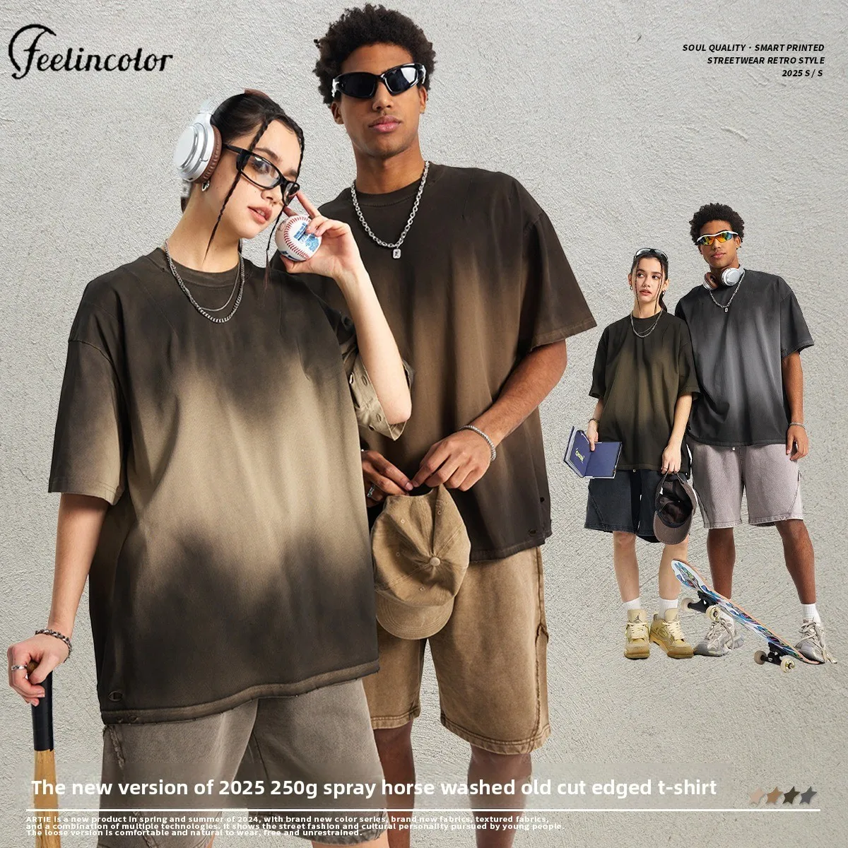 

Summer Spray Dyeing Old Men's T-shirt Solid Color Cotton Short Sleeved Tee Shirt Water Washing American Streetwear Y2K Clothing