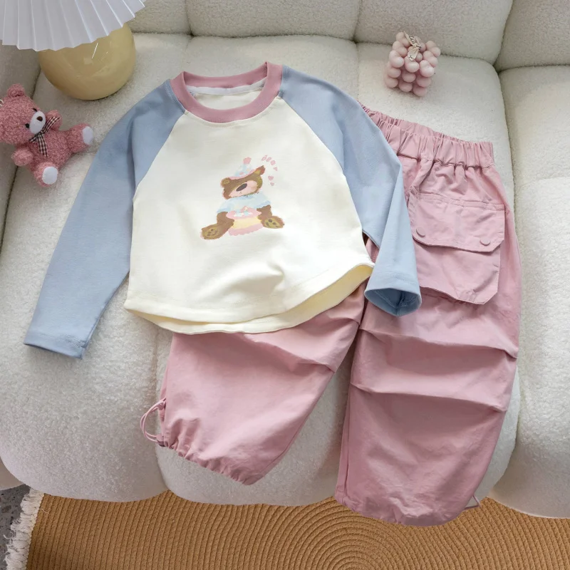 

Kxkm-Korean Hong Kong Style Girls' Autumn Suit24New Slim-Fit Cartoon Multicolor Printing Long SleeveTT-shirt+Pink Overalls