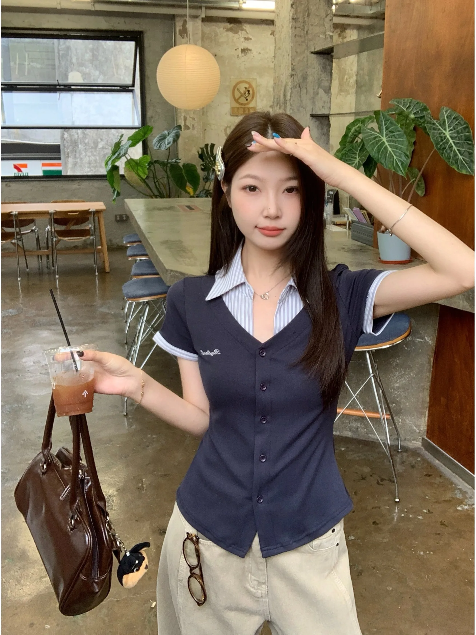 

plus Size Slimming Striped Patchwork Short Sleeve T-Shirt Korean Style Commute Wind Summer New Design Waist Cinching Top