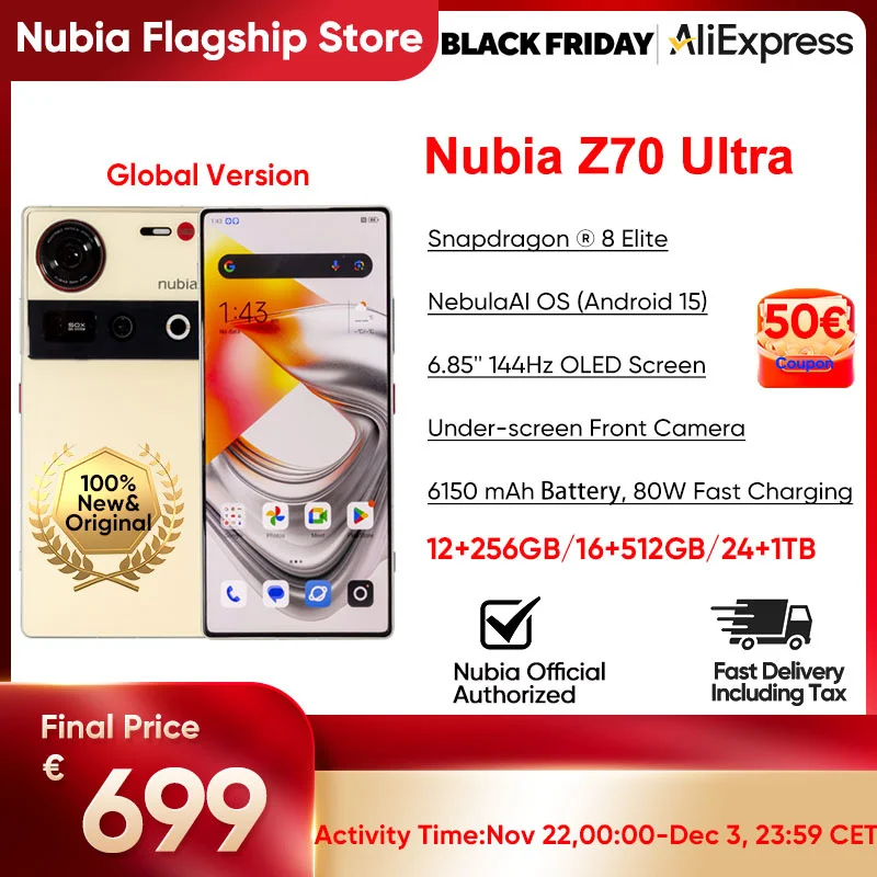 2024 New Nubia Z70 Ultra Snapdragon 8 Elite 5G 6.85 144Hz OLED Display 80W Fast Charging 64MP Camera NFC Global Version Smartphone Google play