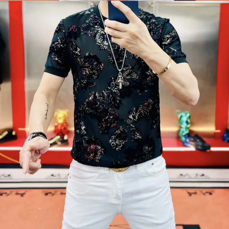 Flocking Burn Out Short Sleeve T Shirt For Men Breathable Casual Summer Quality Soft Comfortable Trends Elastic O-Neck Camisetas