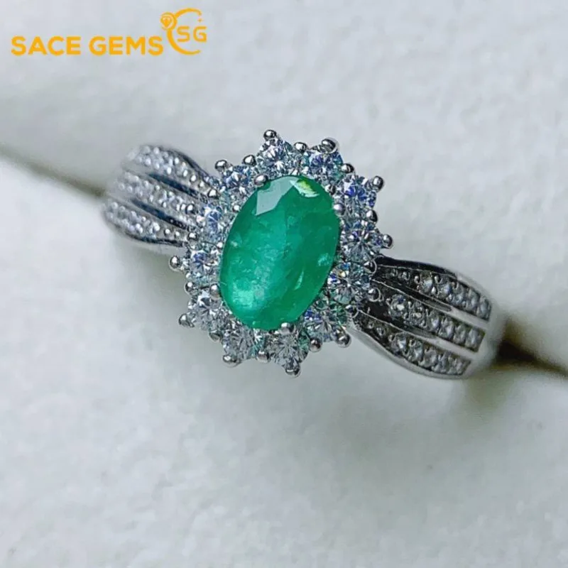 

SACE GEMS Fashion 925 Sterling Silver 4*6mm Natual Emerald Luxury Rings for Women Created Wedding Engagement Party Fine Jewelry