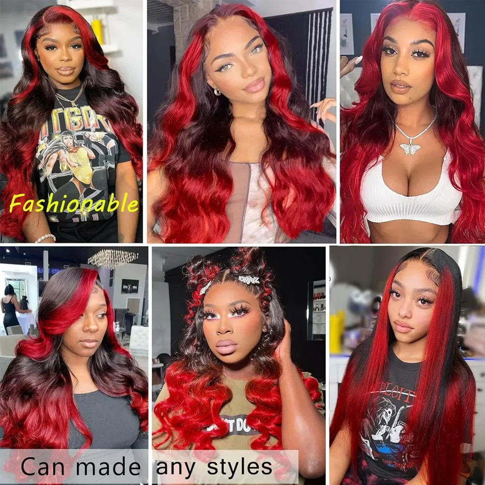 Glueless Ombre Red/99J Lace Front Wigs Synthetic 13x4 Body Wave Highlight Colored Bule Lace Front Wigs for Women Cosplay Wigs