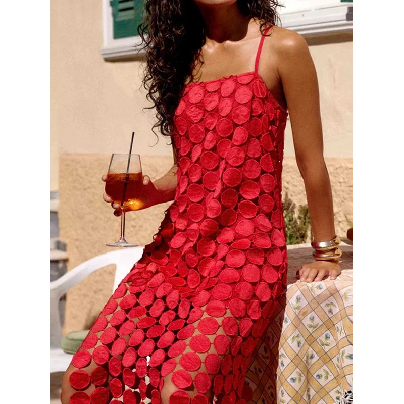 BKQU Chic Round Dot Hollow Out Splicing Suspender Dress Sexy Off Shoulder Sleeveless Loose Party Dress Women Elegant Long Robe