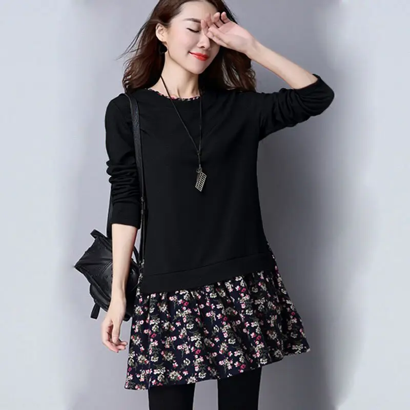 Fashion O-Neck Printed Spliced Fake Two Pieces Blouses Women's Clothing Autumn Winter Loose Casual Tops Commuter Shirts TT257