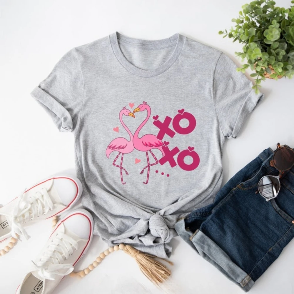 

Flamingo shirt for Valentines Day short-sleeve cotton shirt with round necklace fashion streetwear Valentines Day