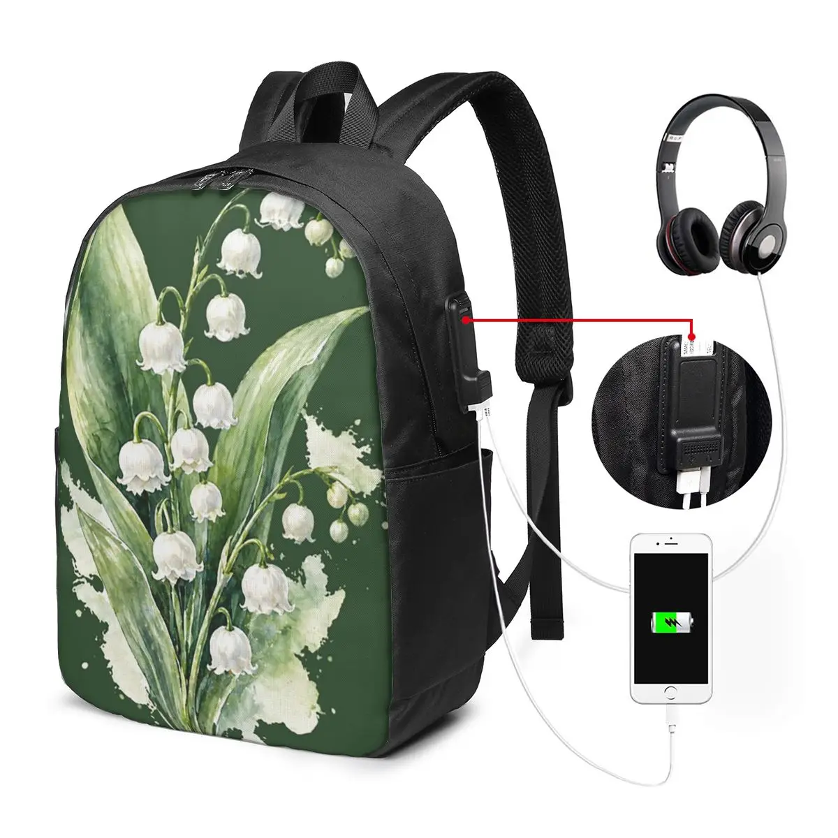 Lily Of The Valley Embroidery Backpack Travel Notebook Bag Computer College Student School Bag Laptop Shoulder Bags Men Women
