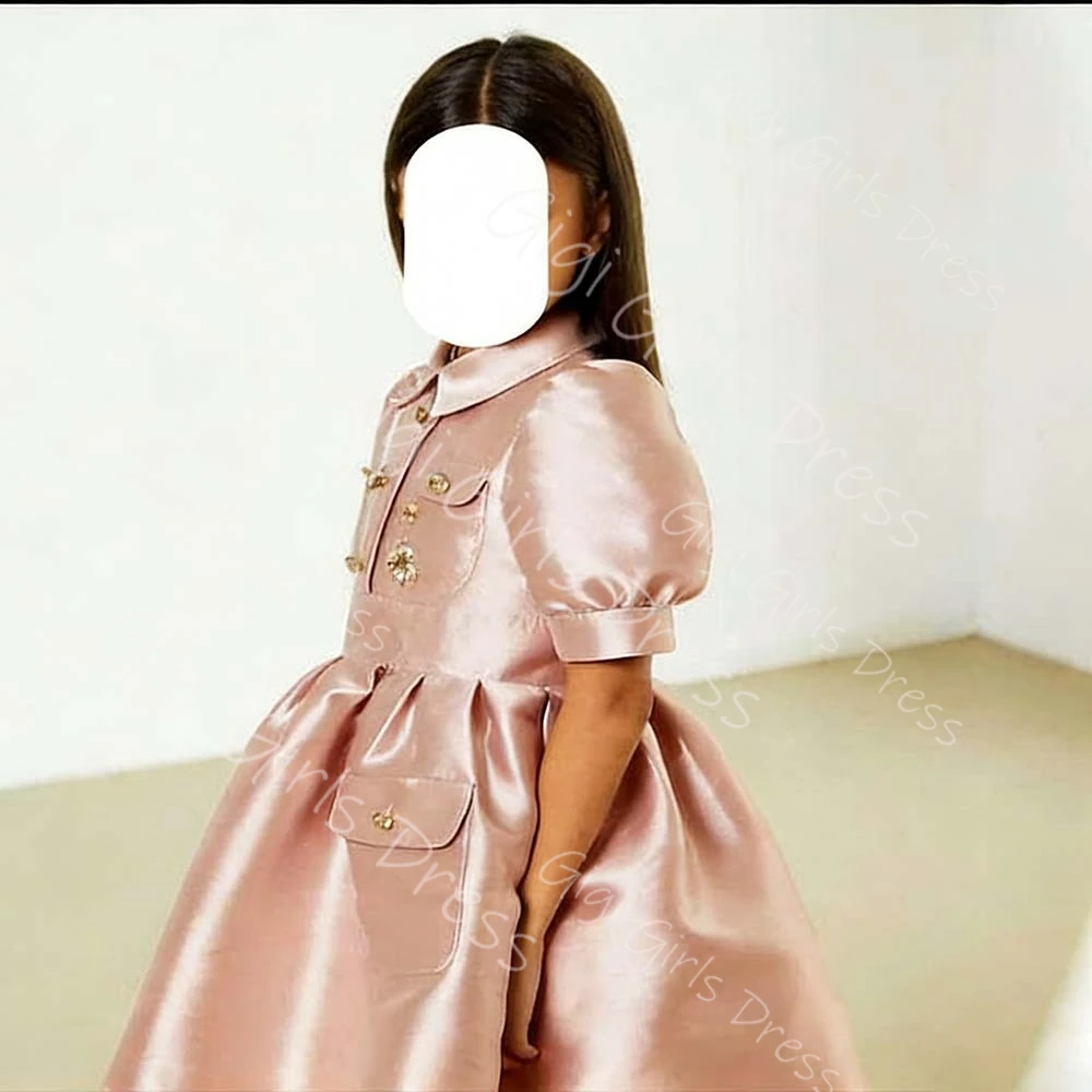 

Girls Dress with Buttons Shawl Collar Short Sleeve Flower Girl Dress for Wedding Kids Knee-Length Smart Casual Party Gown Custom