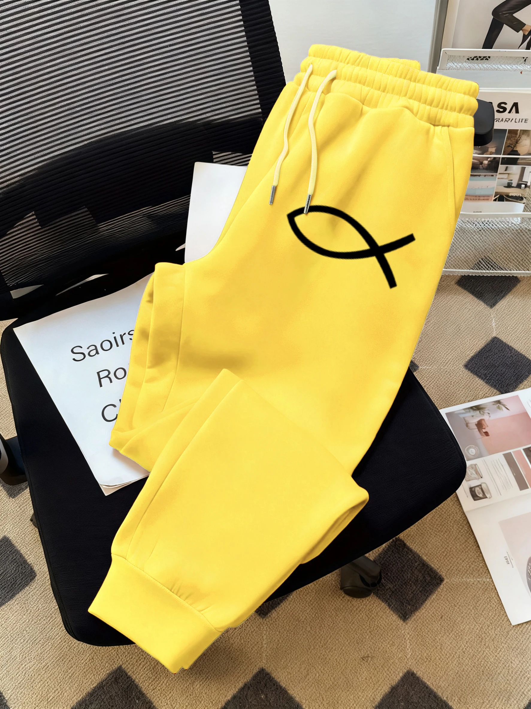 

Простые брюки с рисунком рыбы для мужчин, уличные модные мужские спортивные штаны, теплые брюки для бега на шнурке, унисекс, уличные базовые брюки