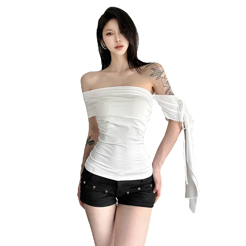 2025 Summer Cross-border New Thin Slim-fitting White Moonlight Straps Versatile One-word Shoulder-wrapped Vest Top