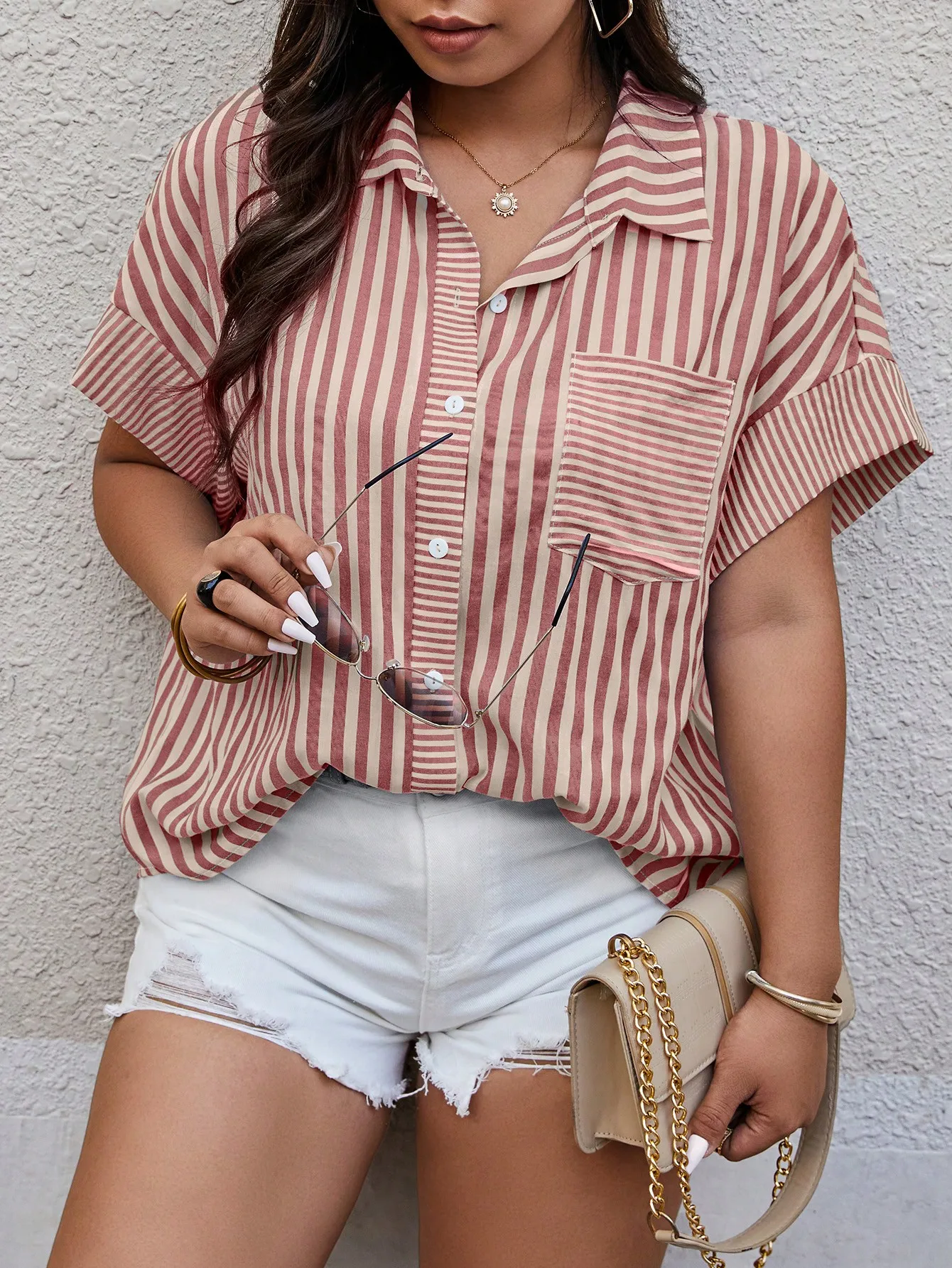 

Women's Striped Button-Up Short Sleeve Shirt with Chest Pocket, Casual Summer Top