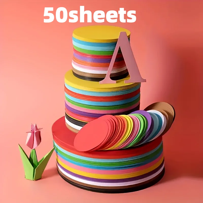 50 Sheets Round Colored Craft Paper, Vibrant Colors, Ideal for Drawing,DIY Crafts, Collage, Perfect for Creative Activities.