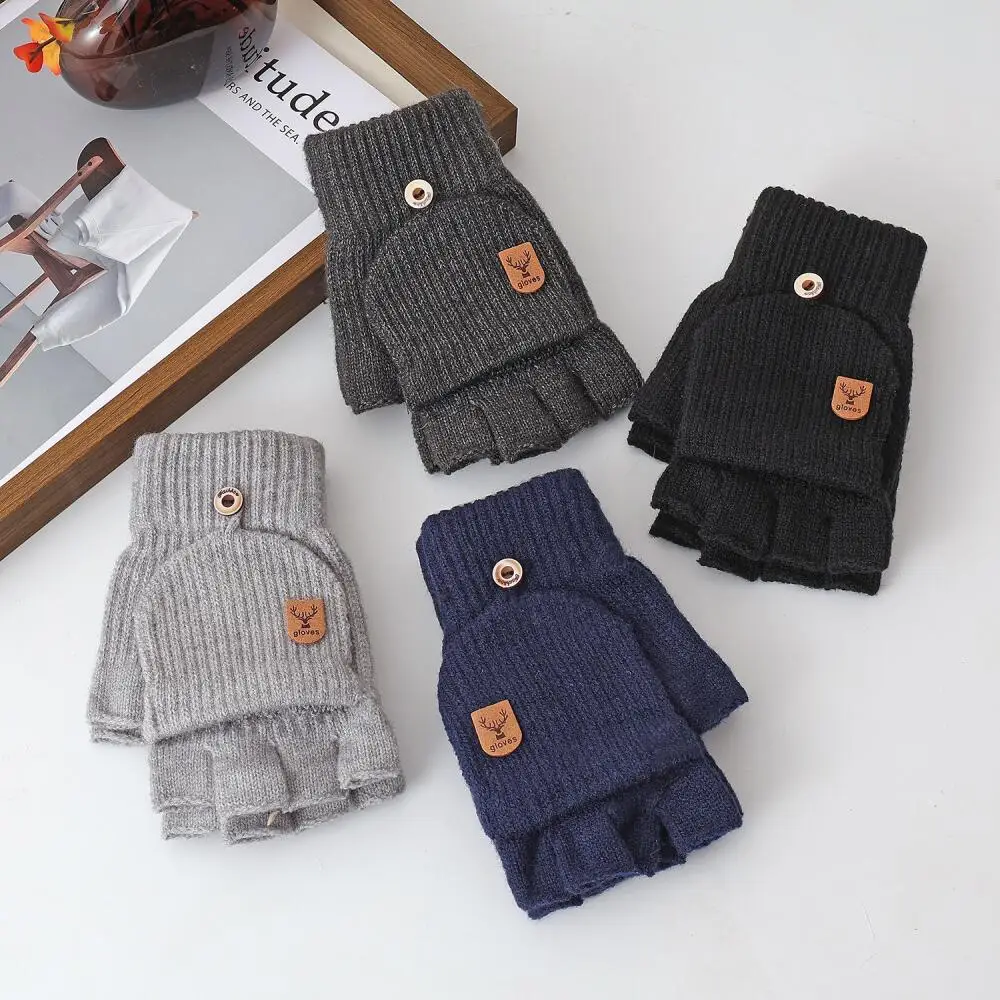 Convertible Knitted Half Finger Gloves Winter Flip Top Warm Fingerless Gloves Knit Mittens For Writing Driving And Touch Screen