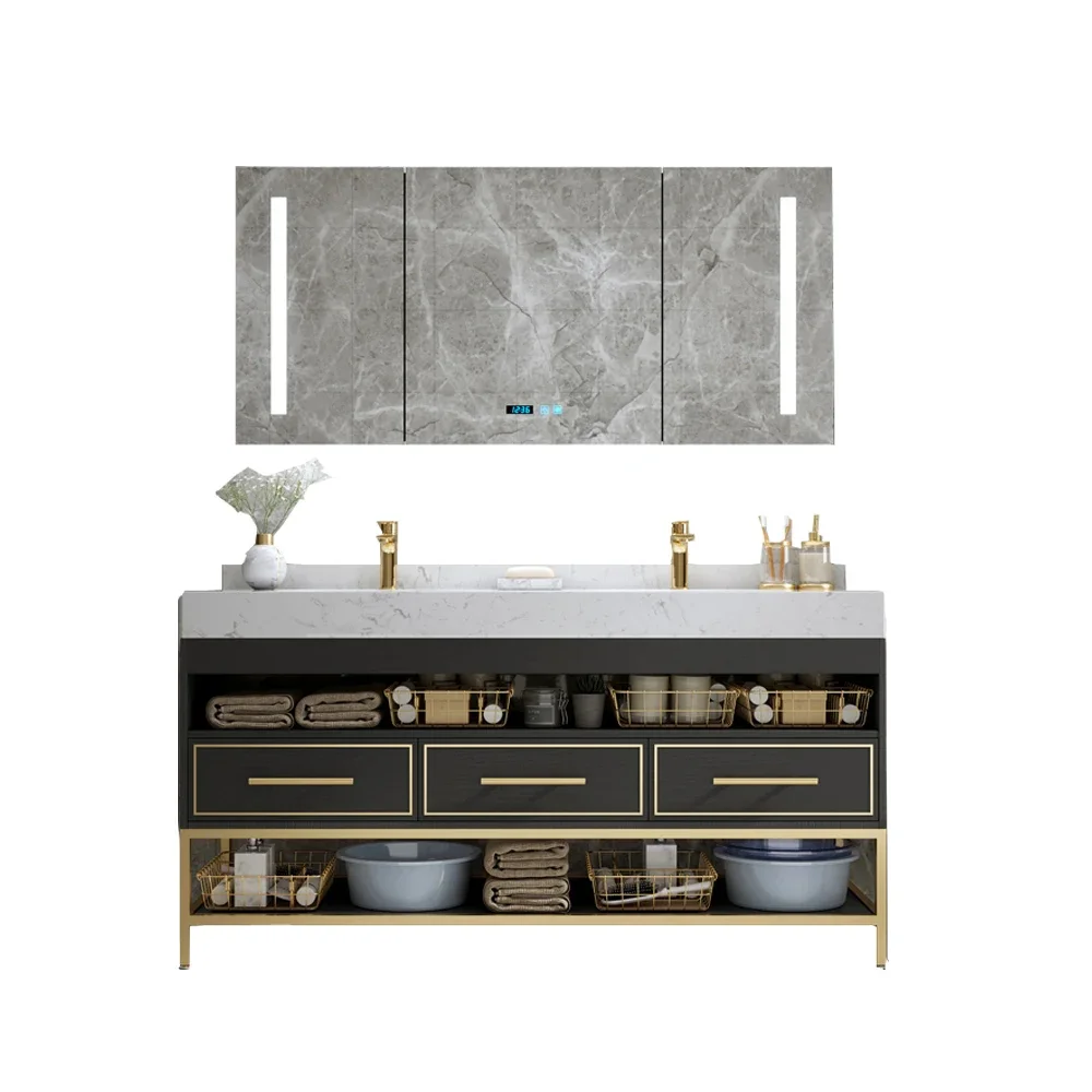 

z Marble ceramic lacquer wooden vanity double sink Washbasin Bathroom Cabinets with smart mirror