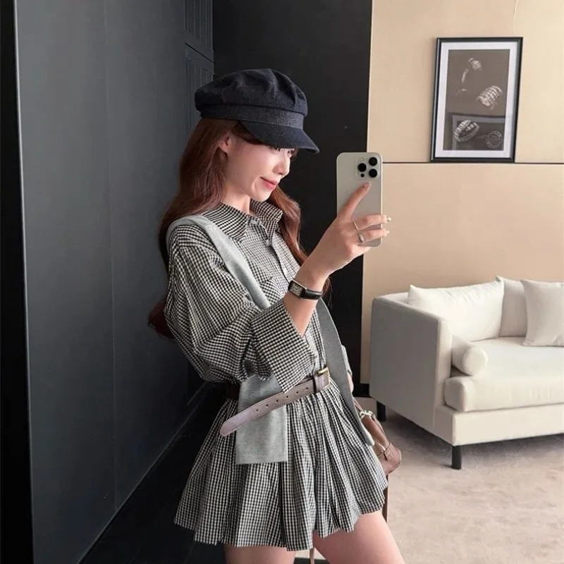 الكورية نمط شال منقوشة قميص اللباس المرأة أوائل الخريف تصميم جديد سليم مطوي تنورة #2