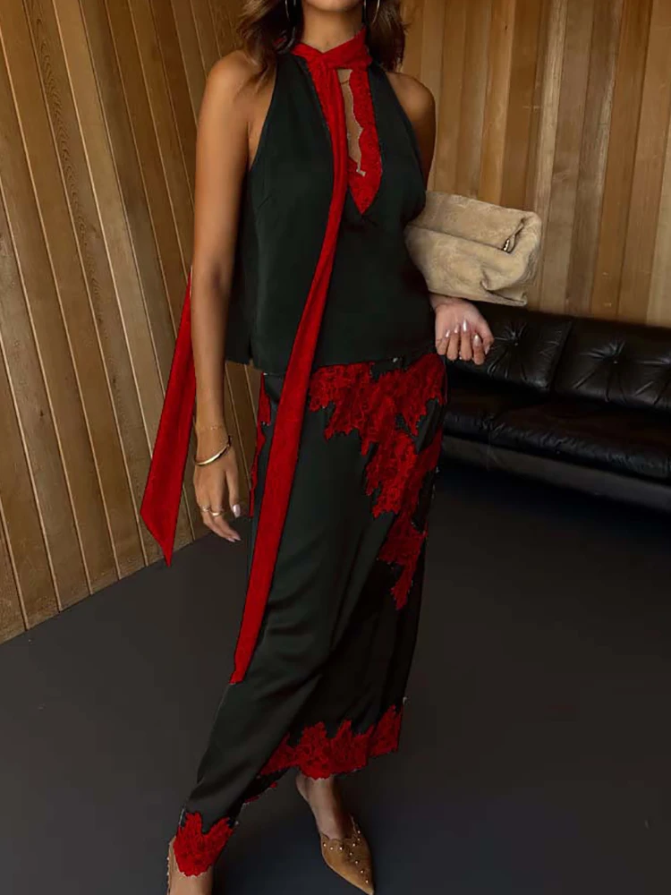 

Женский летний наряд из 2 предметов, новый топ с глубоким v-образным вырезом, макси-юбка, комплект, кружевная лоскутная шикарная однотонная элегантная простая женская одежда, уличная одежда