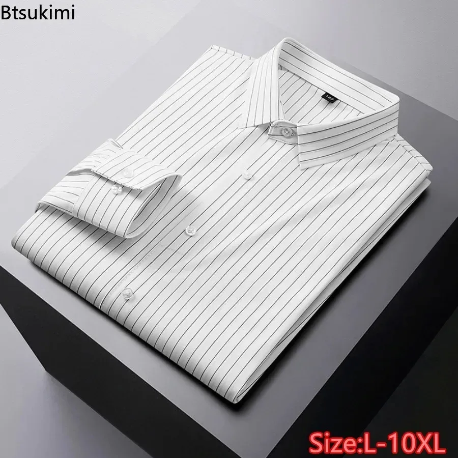 Large Size 10XL Men's Long Sleeve Stripe Dress Shirts High Elastic Loose Casual Pullover Shirt Men Business Social Formal Shirts