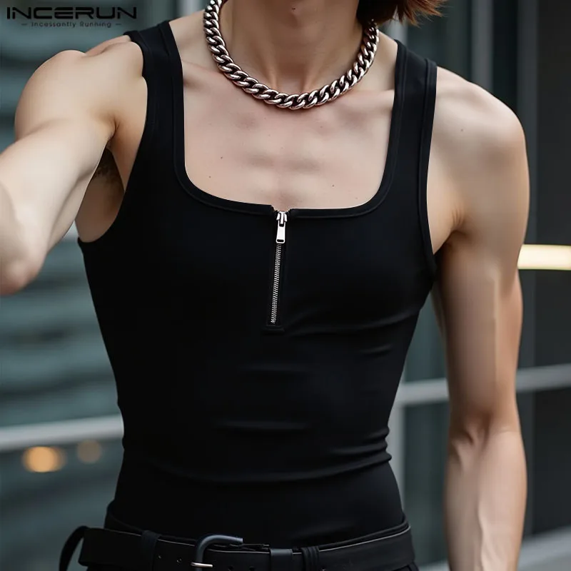 

INCERUN Men Tank Tops Solid Color Zipper Square Collar Sleeveless Summer Male Vests Streetwear 2025 Skinny Casual Men Clothing