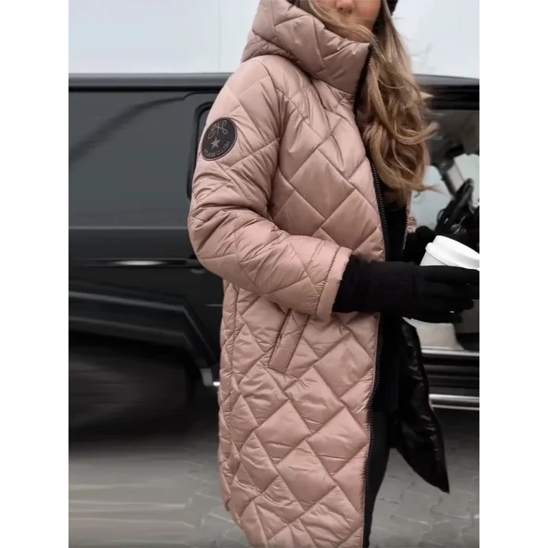 

Fashion Diamond Grid Stand Neck Long Coats Women Elegant Full Sleeve Zipper Hooded Oversize Jackets Female Autumn Winter Coats