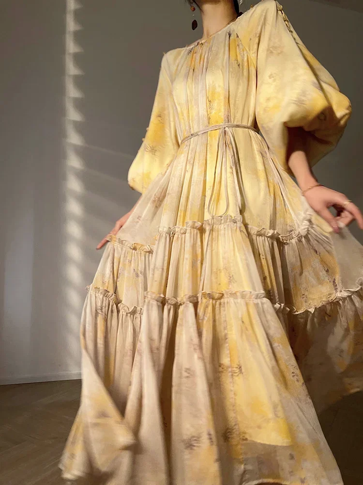 

Vintage Midi Dresses for Women 2024 New Summer French Elegant Party Prints Large Hemline Loose Long Sleeve Sweet Female Clothing