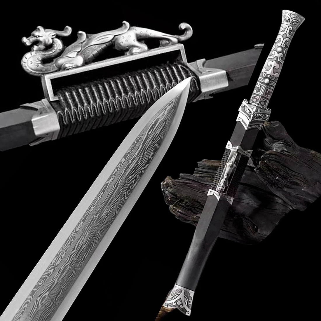 KungFu Small Sword Battle Ready Damascus Folded Steel Blade Chinese Han Dynasty Dagger Short Jian Metal Handle/Ebony Wood Sheath