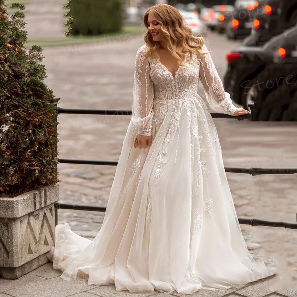 Affascinante scollo A V una linea abiti da sposa da donna classico moderno Appliques di pizzo abiti da sposa generoso manica lunga Vestidos De Novia