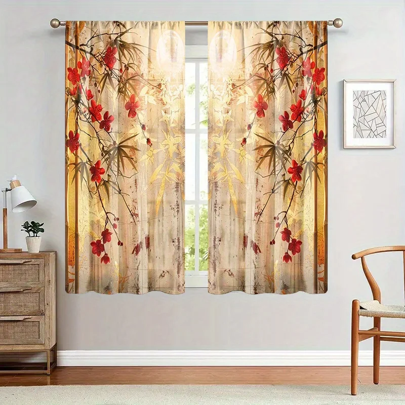 2PCS Vintage Curtains, Red Leaf Bamboo, Digital Print, Bedroom Living Room, Office, Kitchen, Rod Pocket, Window Drapes