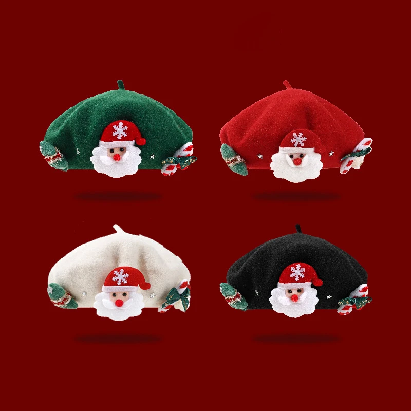 

Autumn Winter Christmas Parent-child Beret New Sweet Children's Painter Hat Girls Warm Wool Red Hat Daughter and Mother Wear