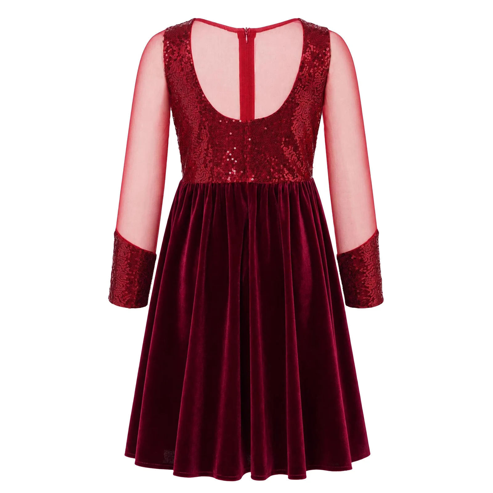 Girls Sparkly Sequin Christmas Party Dress Kids Wedding Pageant Birthday Princess Gown Long Sleeve Mesh Patchwork Velvet Dress