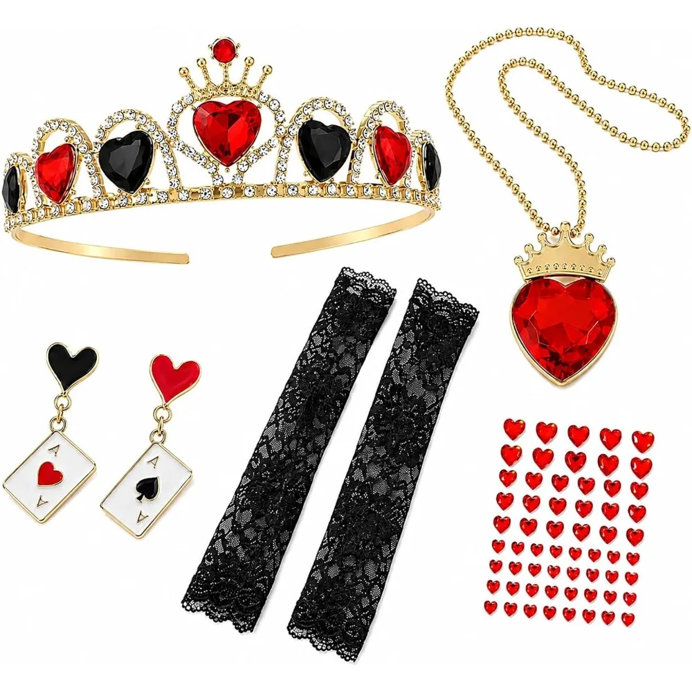 5Pcs Halloween Queen Accessories Set Women Rhinestone Crown Heart Pendant Necklace Earrings Black Lace Arm Sleeves Dress Up