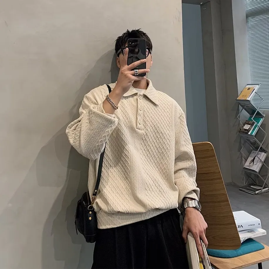 Loose Fit  Shirt Men's Style Cityboy Waffle Grid Design Turn-down Collar T-shirt Small Fragrance Style Retro Overhead Swe...