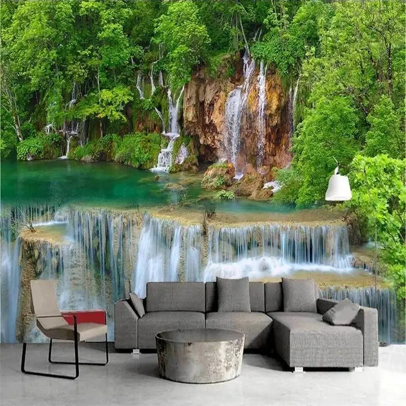 Custom Any Size Green Forest Mountain Waterfall Photo Wallpaper Living Room Bedroom TV Sofa Backdrop Wall Home Decor Mural