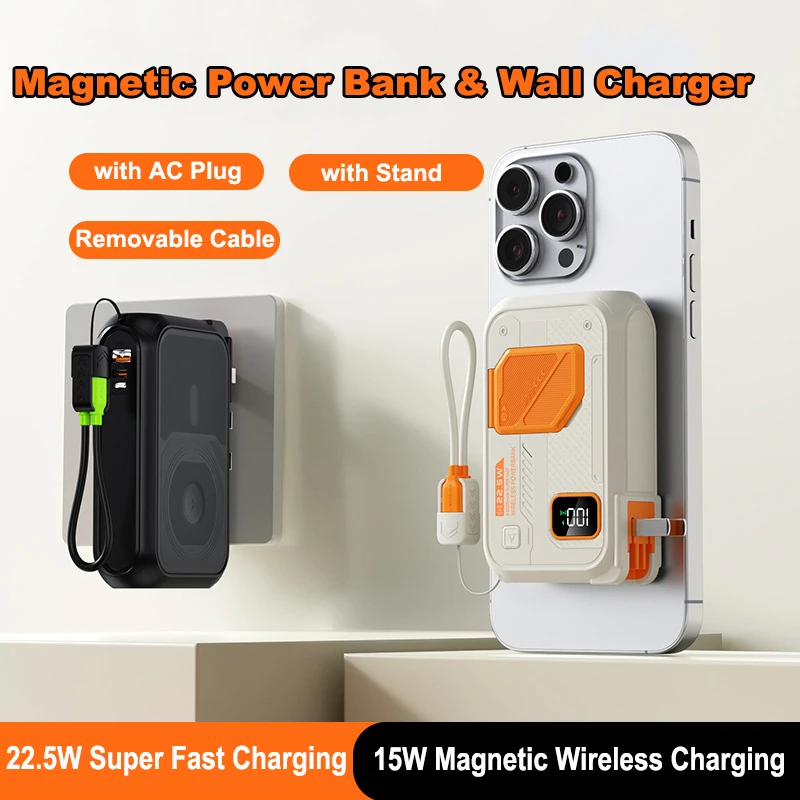 For Magsafe Power Bank 20000mAh 22.5W Fast Charging Powerbank with Cable Plug Wall Charger for iPhone 17 X Samsung Xiaomi Huawei