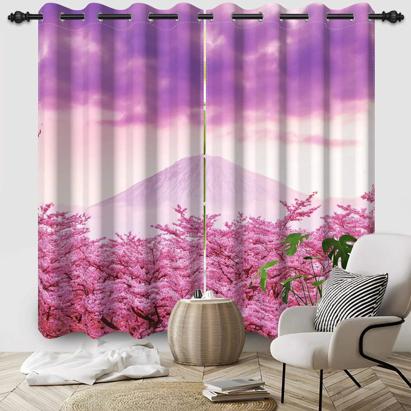 2pcs/set Japanese Mount Fuji Cherry Blossoms Window Curtain Spring Pink Flowers Bedroom Living Room Blackout Polyester Curtains