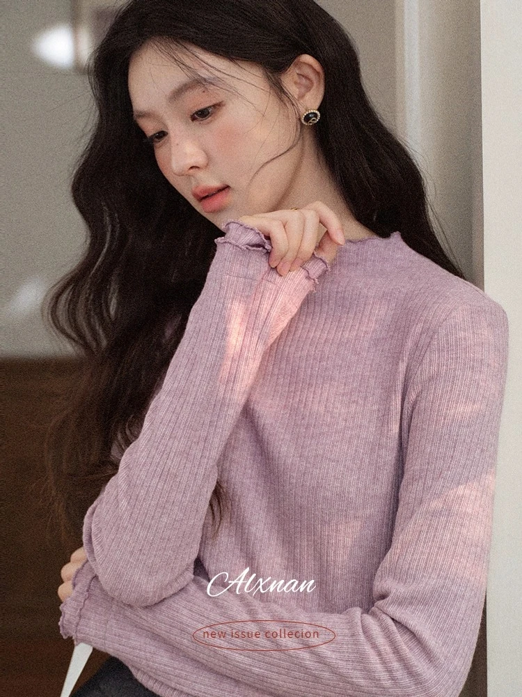 ALXNAN 여성용 니트웨어 가을 터틀넥 러플 트림 커프스 솔리드 긴 소매 티셔츠 슬림 레이어링 여성 의류 L58150