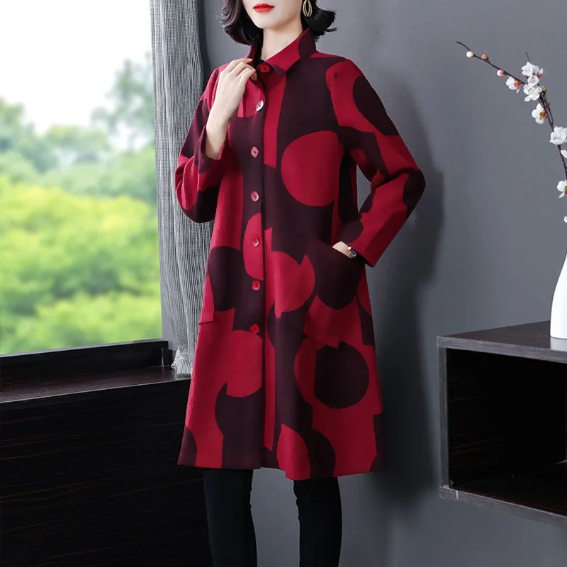 レディース新作ステッチ入りポロ襟ボタンプリントファッションゆったり万能カジュアル長袖トレンチコート