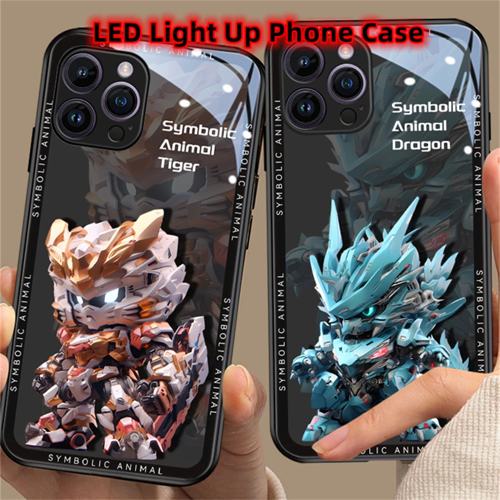 12 animali zodiacali Mecha LED Light Up Cover posteriore in vetro per iPhone 15 14 13 12 11 Pro Max X Xs Xr Plus 7 8 SE2020