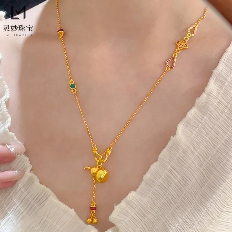 New Chinese Style Gold Enamel Heat Blue Bell Gourd Tassel Double Hook Chain Pendant Good Fortune Unique Women Jewelry Good Luck
