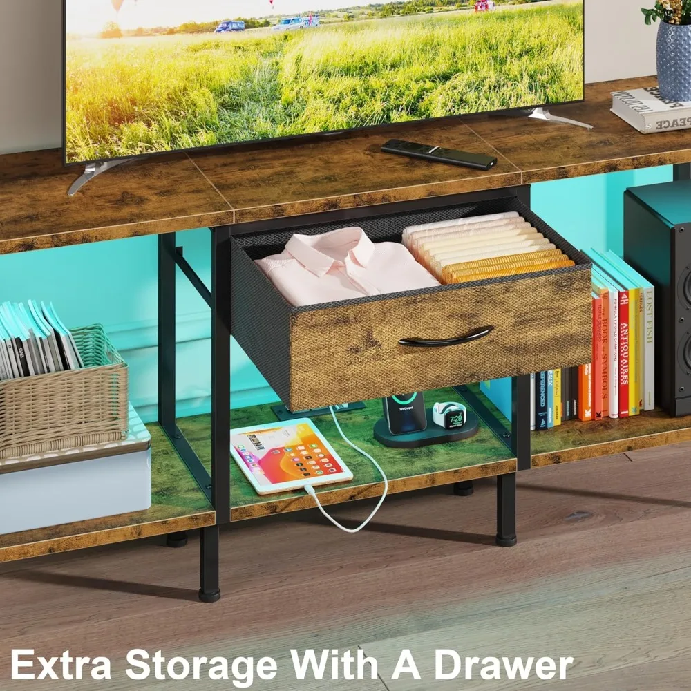 حامل تلفزيون LED مع مخرج طاقة وأضواء RGB - مركز ترفيهي لأجهزة التلفاز مقاس 55-32 بوصة، وحدة تخزين بأدراج قماشية، بني ريفي #4