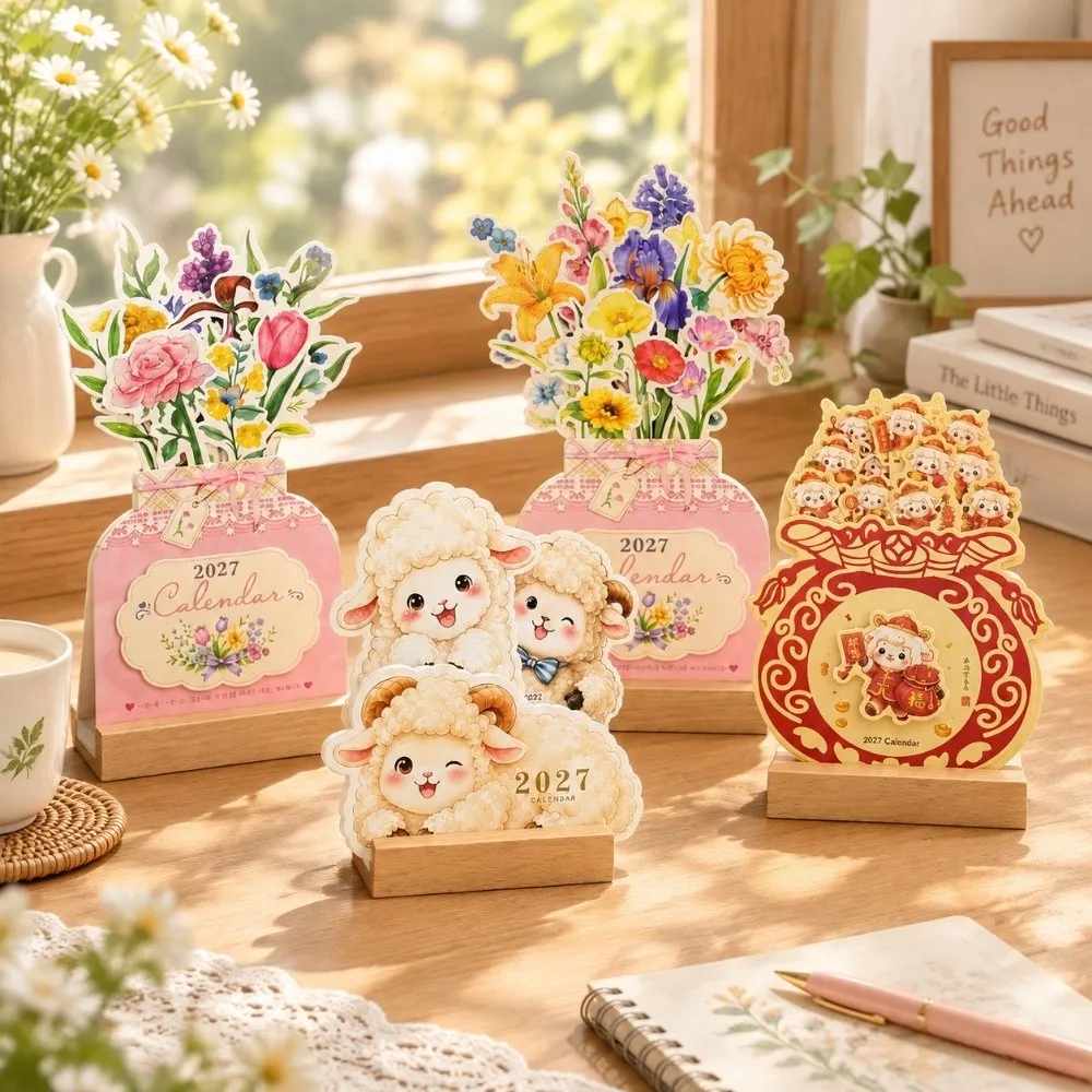 Wooden Base 2027 Floral Desktop Calendar Vase Shaped Scented 3D Standing Calendar Cute Detachable Sheep Table Calendar