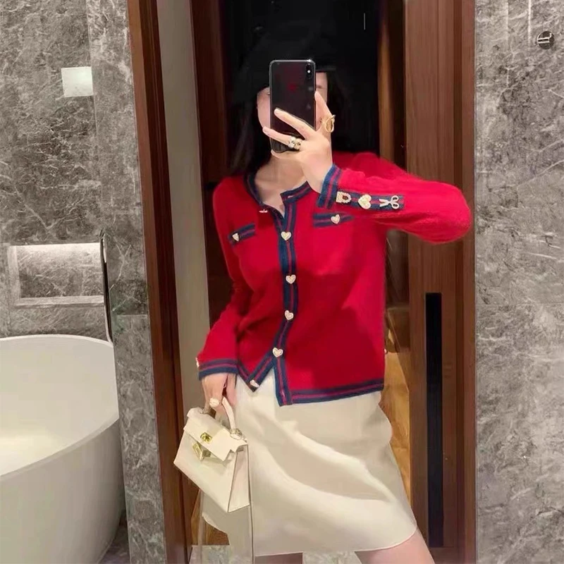 Women Cardigan Coat Slim Fit Slimming Elegant Fashion Heart Shaped Button Color Blocking Design Long Sleeve Casual Cardigan Coat