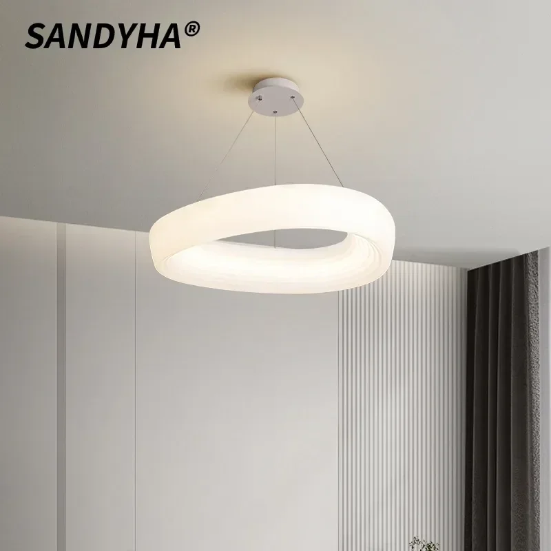 SANDYHA Modern Minimalist Cream Chandelier Ring Warm Ceiling Light Elegant Home Decor Bedroom Living Room Study Accent Lighting