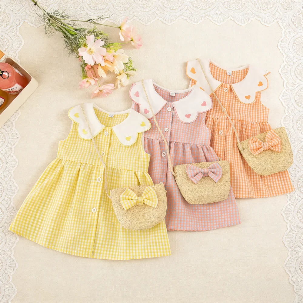 

Платье для девочек, летнее клетчатое платье без рукавов с сердечками для маленьких девочек, очаровательное детское платье принцессы, одежда для маленьких девочек