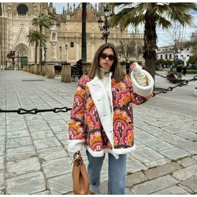 Vintage Patchwork Print Lambswool Cotton Jacket Women Winter Warm Fleece Lining New Cotton Coat Single-Breasted Long Sleeve Top