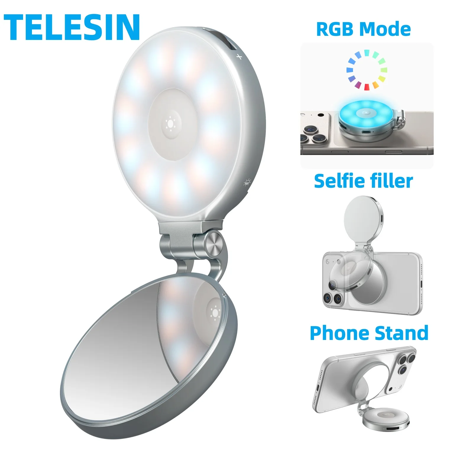

TELESIN 4-in-1 Magnetic 360° RGB Phone Selfie Ring Light with Mirror Phone Stand Rechargeable Clip Fill Light for iPhone Samsung
