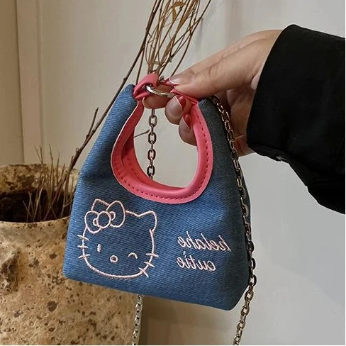 

Lovely Cartoon KT Cat Denim Crossbody Bag | Embroidered Hello Kitty (Korean Style Shoulder Bag Gift for Women)