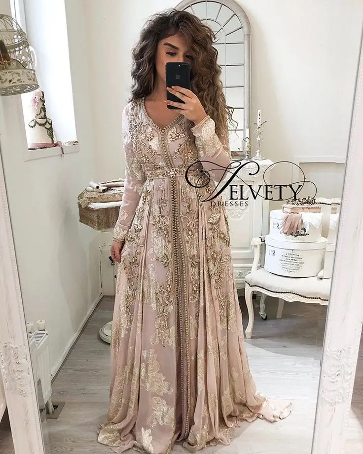 Caftán marroquí musulmán, vestidos de noche, línea A, cuello en V, mangas largas, apliques con cuentas, Dubai, árabe, Turquía, caftán Abaya, vestido islámico