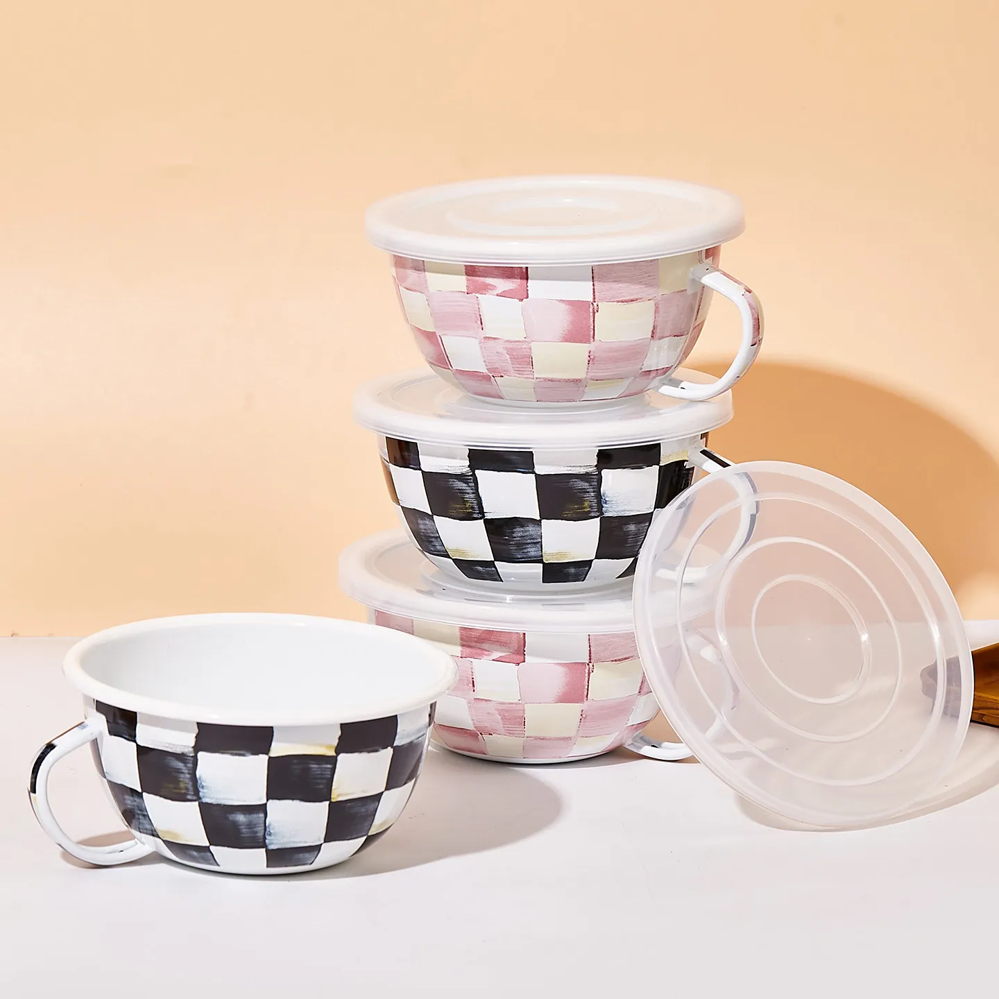 Checkerboard Enamel Household Milk Pot Lattice Soup Stew Pot with Lid Induction Cooker Universal Kitchen Essential